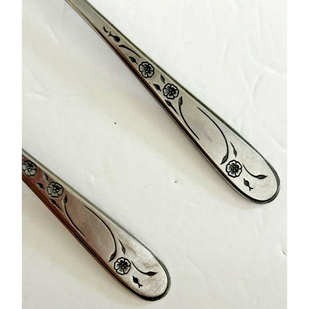 Stanley Roberts Perfect Rose Serving Slotted Spoon Meat Fork Stainless Set 2 pc